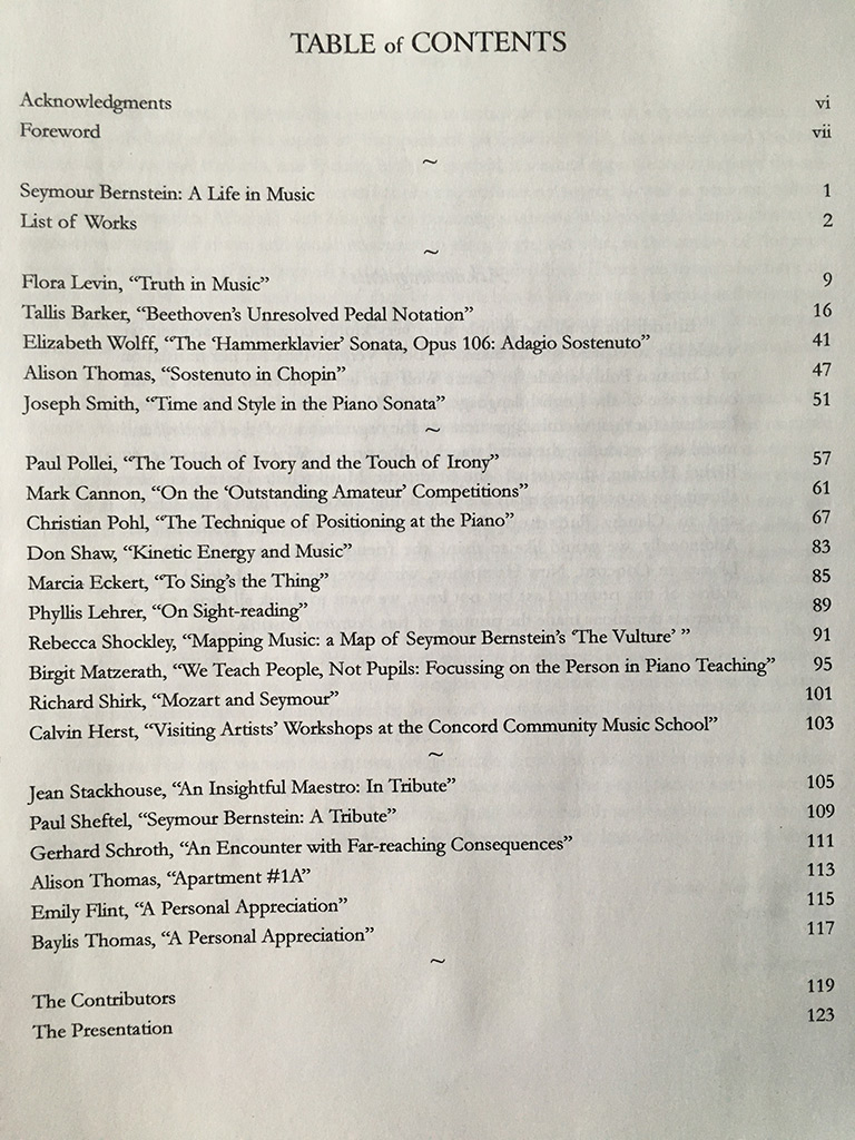 Festschrift for Seymour Bernstein, table of contents